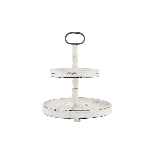Hello Honey® 18.5" Distressed Cream Wood 2-Tier Tray